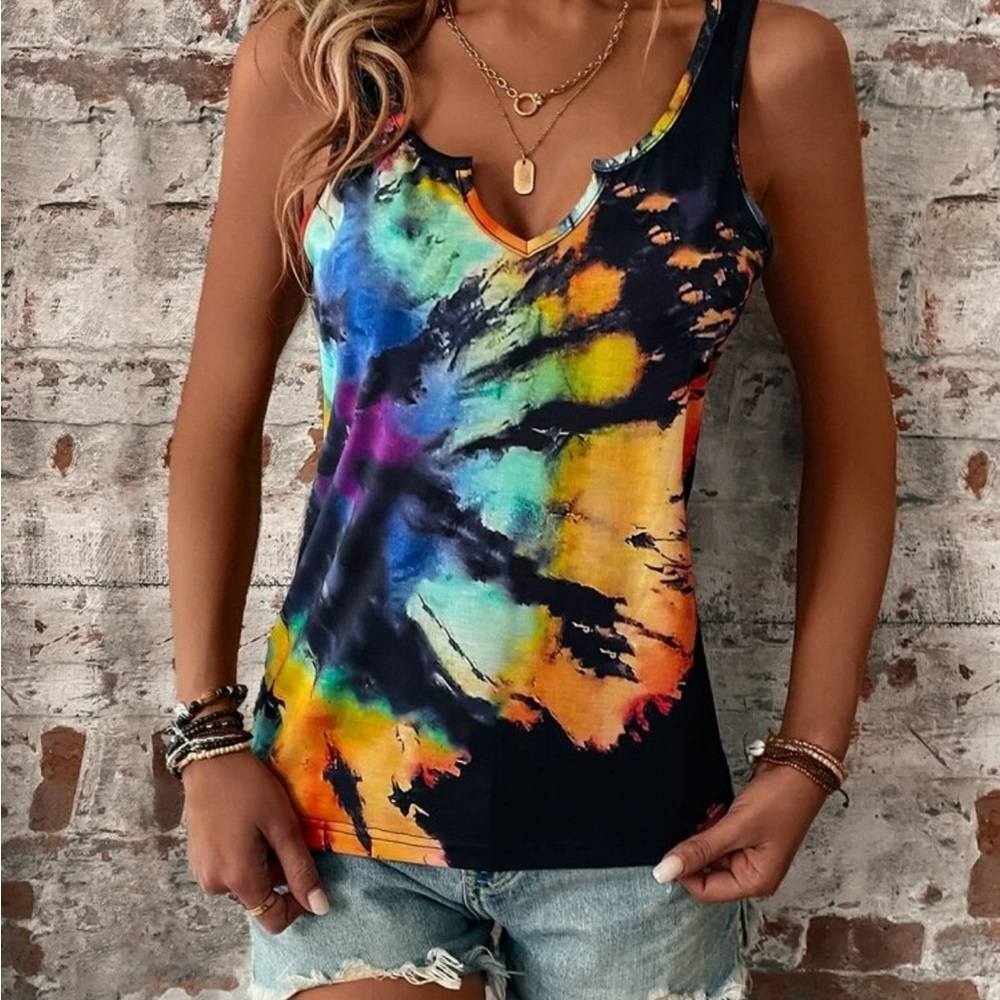 New tie dye notched neck sleeveless tank top - Picture 3 of 6